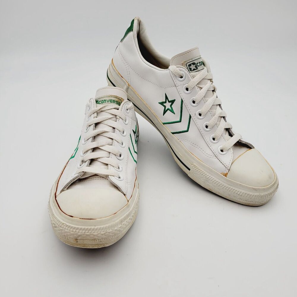 Vtg 70s Converse Pro All Star Leather Sneakers White Rare Size 9.5 Green